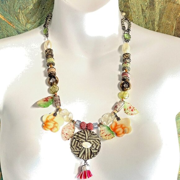 Ayala Bar Signature Necklace Gift 2009 Chunky Coastal Grandma Boho Fabric Glass - Picture 2 of 13